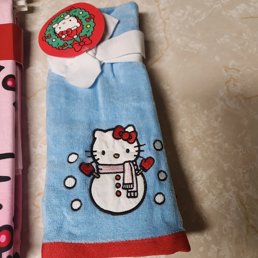 Hello Kitty Christmas Bathroom Shower Set Curtain Hooks and 2pc Towel Set New